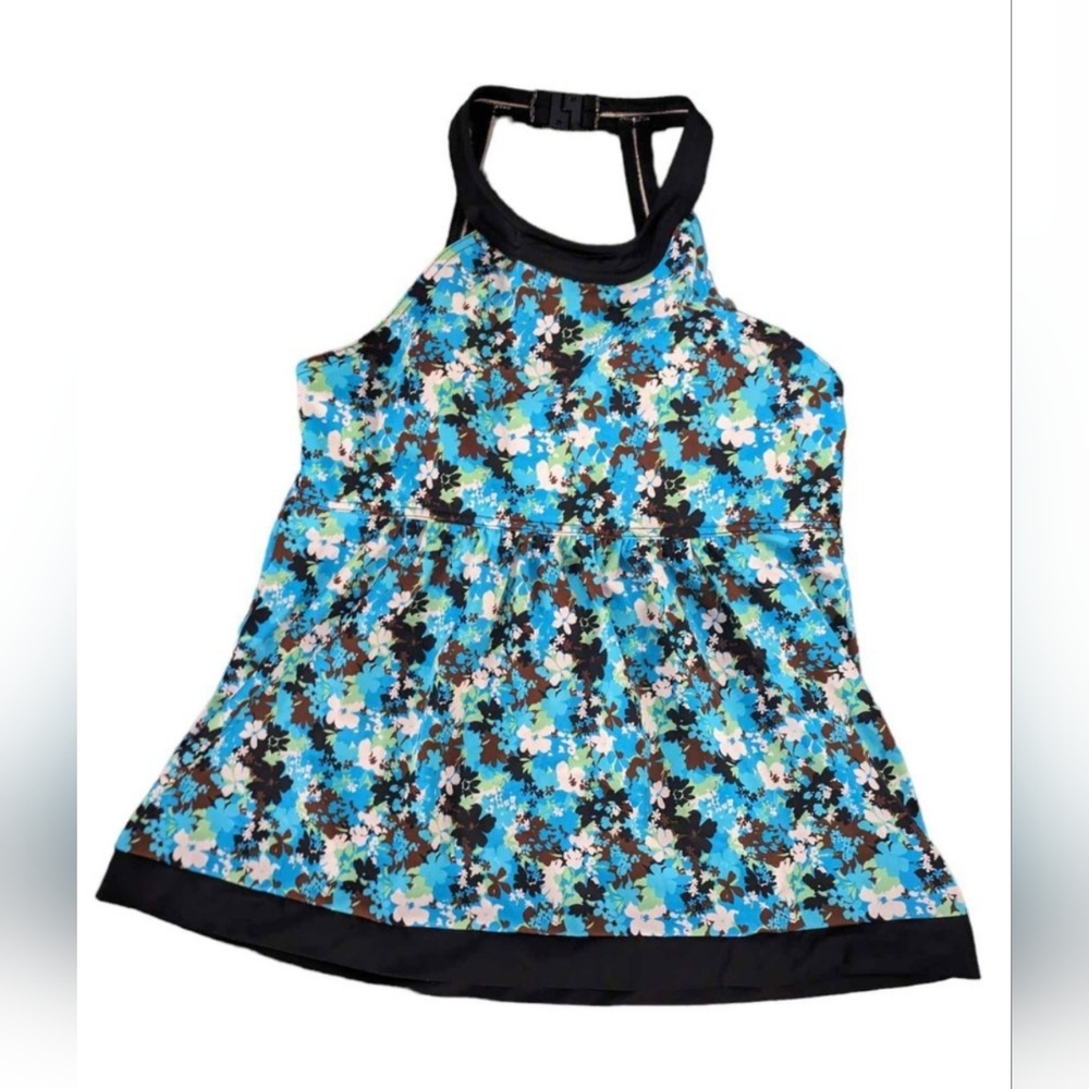 Blue Multicolored Halter Floral Tankini Swim Top W/ Built in Bra S-M